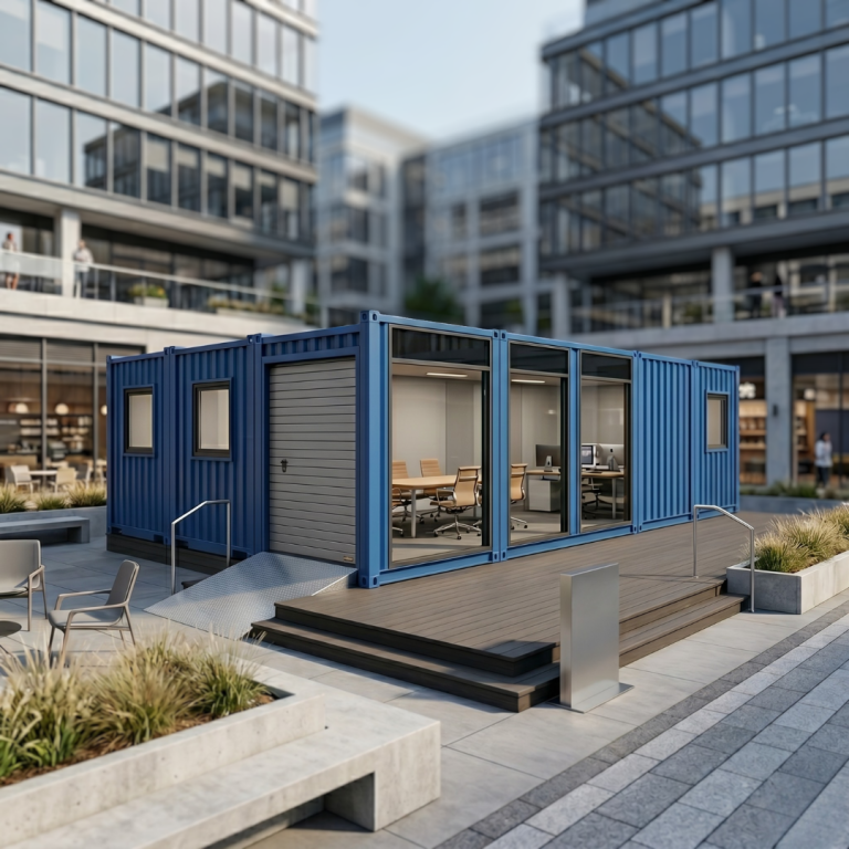 Containerhalle und Modulanlagen Blaues Containergebäude mit Glasfenstern in einem modernen Innenhof.